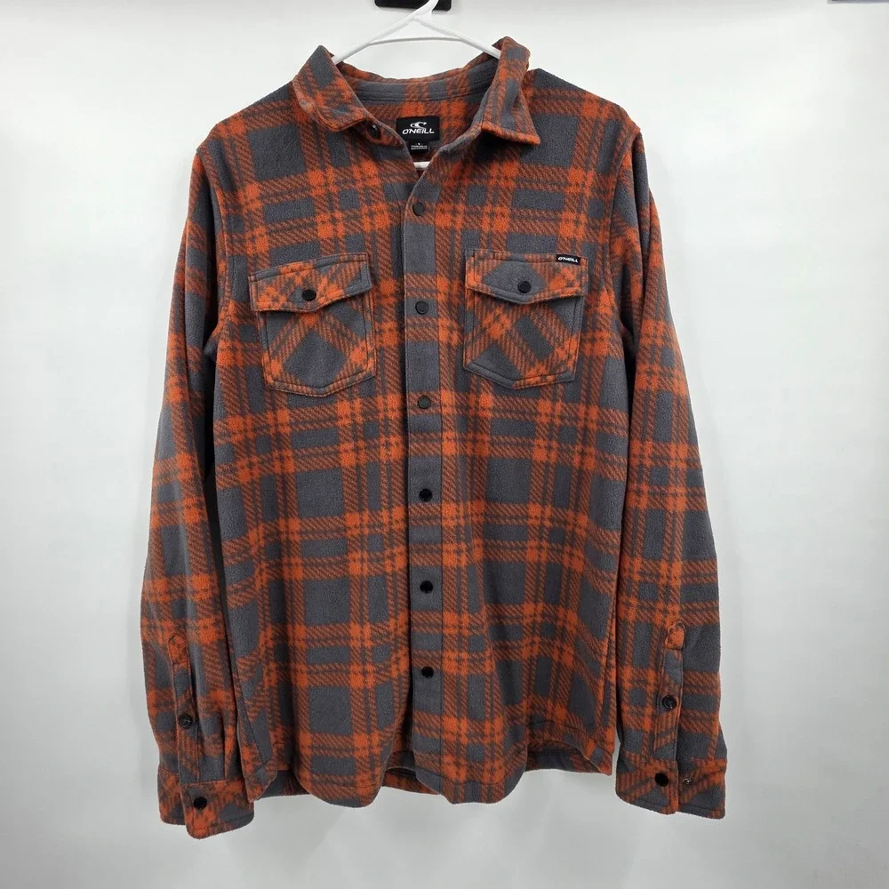 O'NEILL SHACKET PLAID MENS SMALL ORANGE GRAY FLEECE SNAP BUTTONS ARCTIC CHECK